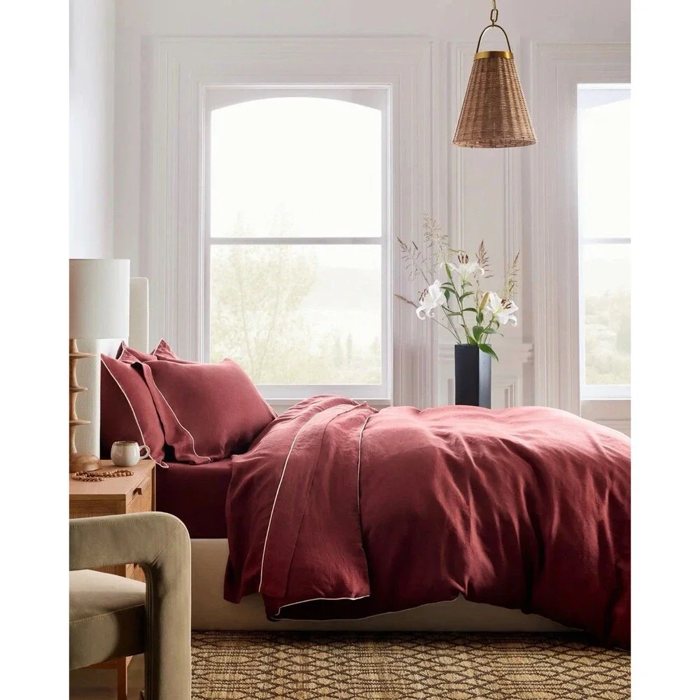 Quince European Linen Piped Duvet Cover Set Full Queen Burgundy White NWT $184